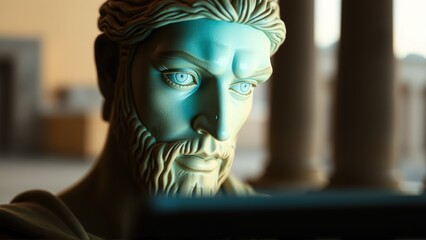 Greek Tech Portrait, Marble Glow Face, Ancient Digital Close-Up, AI Wisdom Gaze, Abstract History