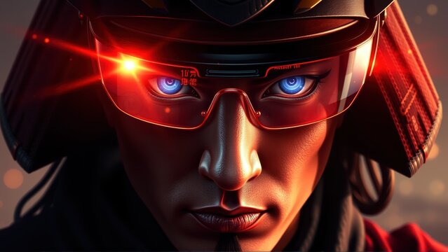 Samurai AR Portrait, Digital Blade Glow, Ancient Tech Face, AI Era Warrior Close-Up, Cyber Fusion