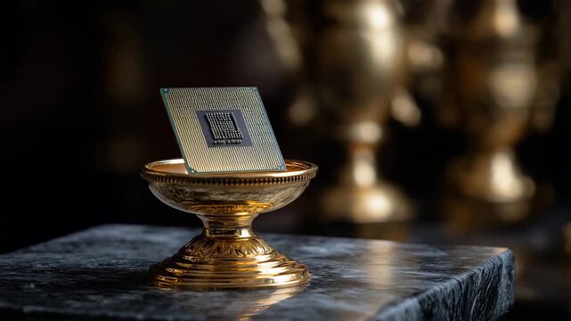 A small, gold-colored computer chip is placed on top of a gold-colored stand. Small semiconductor chip placed on golden pedestal like precious metal, shortage dramatic dark with gold highlight
