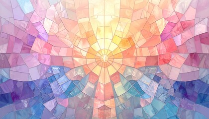 Abstract stained glass design featuring a radiating sunburst pattern with vibrant colors.