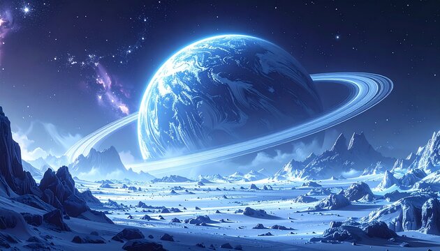 A ringed planet dominates the sky above a frozen, mountainous alien landscape under a starry, nebula-filled night. - Powered by Adobe