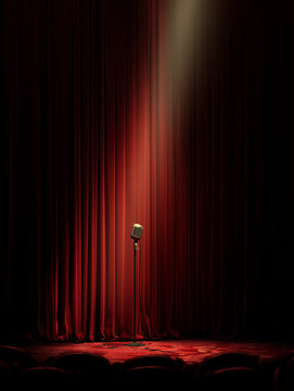 A vintage microphone stands on a stage with red curtains and spotlight above