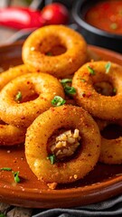 Stacked fried rings, golden-brown, seasoned