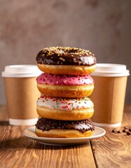 Stacked donuts with iced coffee cups