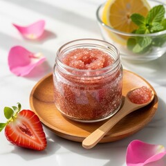 Homemade strawberry sugar scrub with fresh ingredients for natural skincare.