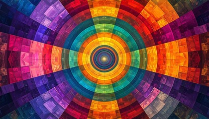A vibrant, abstract geometric design featuring concentric circles and radiating color gradients.
