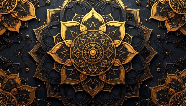 Intricate gold and dark blue mandala pattern with layered floral designs and circular symmetry, creating a textured and ornate background. - Powered by Adobe