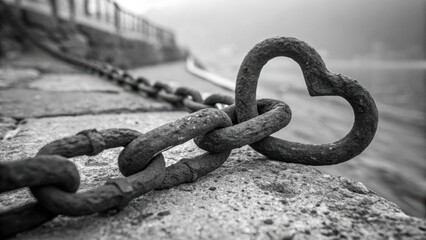 Heart shaped link in rusty chain on stone surface