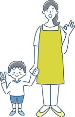 オッケーサインをしている笑顔の女性保育士と男の子の園児のシンプルな線画イラスト素材