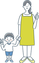 グッドポーズをした笑顔の女性保育士と男の子の園児のシンプルな線画イラスト素材