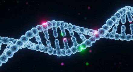 Dynamic 3D rendering of DNA helix with glowing color highlights, medical concept