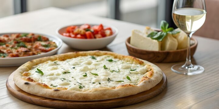 White pizza with mozzarella, ricotta, and garlic cream base, placed on elegant wooden table, side dishes of bruschetta and a glass of white wine, soft cozy atmosphere.
