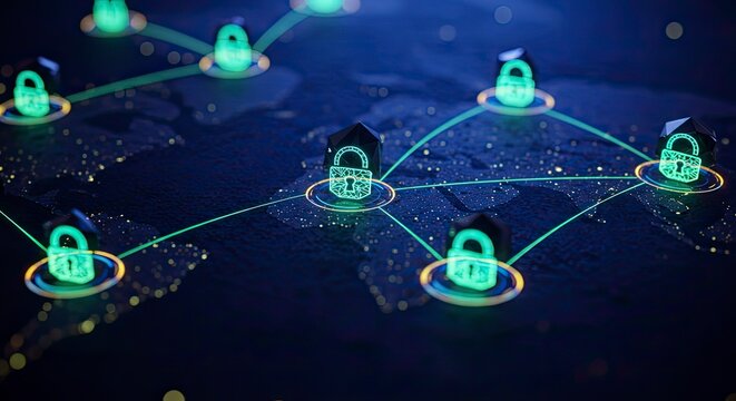 Global Network Security: Crystalline Padlocks Interconnected on a Dark World Map - Powered by Adobe