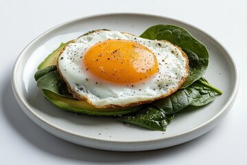 Fried egg atop avocado and spinach on a plate