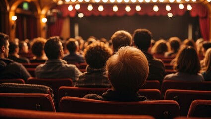 Rear view of audience watching theater play on auditorium stage