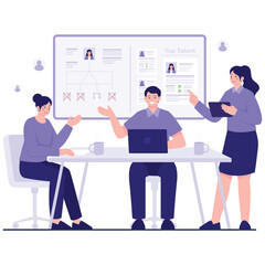 Human Resources Illustration. Vector illustration of Recruiters review resumes and mark candidates on a board to identify top talent during a selection session. Isolated on background