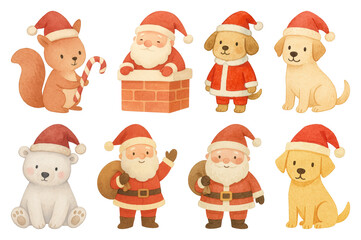 PNG Cute Christmas animal illustrations, element set on transparent background