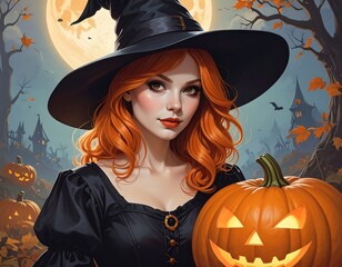Enchanted Autumnal Witch with Jack-o'-lantern