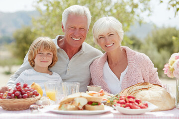 closeknit family of three generations enjoying evening picnic in peaceful countryside setting