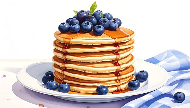 Delicious stack of pancakes with blueberries and syrup