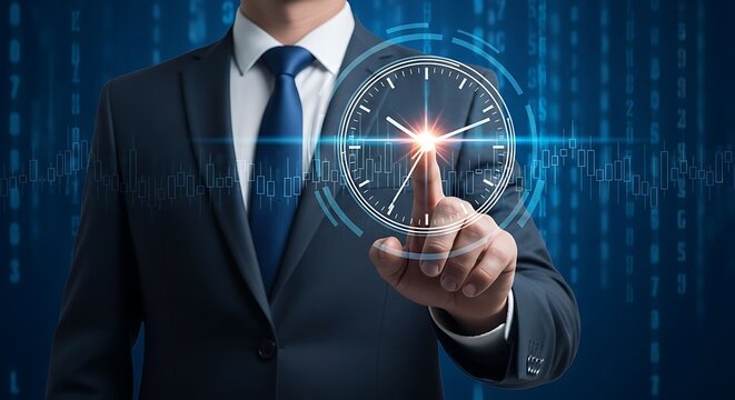 Businessman Interacting with Digital Clock Interface, Highlighting Time Management and Financial Concepts, Futuristic Blue Background