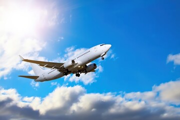 Obraz premium White passenger airplane soaring through a vibrant blue sky filled with fluffy clouds, illuminated by the bright sun above