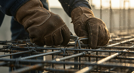 Close-up of worker's hands in gloves meticulously fastening rebar in construction.