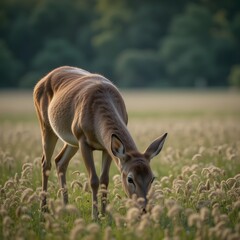 A beautiful deer grazing in a millet field, natural lighting, cinematic view, highly detailed, ultra realistic