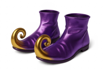 Pair of purple jester shoes with golden toe cap on transparent background