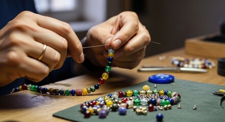 Handmade jewelry craftsman stringing beads on a workbench