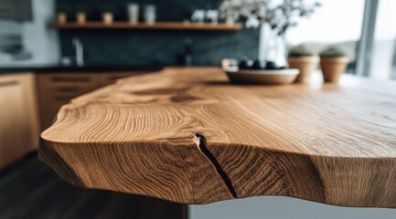 Close-up of a natural wood kitchen counter