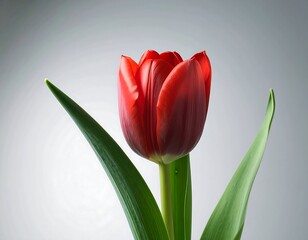 Red tulip, vibrant petals, elegant green leaves