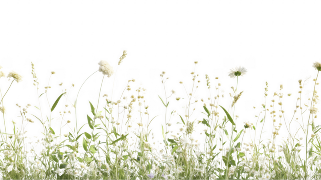 Beautiful floral meadow border composed of assorted delicate white wildflowers against background