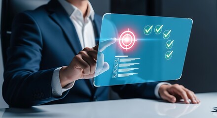 Businessman Interacting with a Digital Interface Displaying Goals, Checklists, and Achievement Symbols
