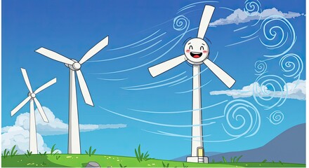 Joyful Wind Turbines: Cartoon Illustration of Happy Windmills Generating Clean Energy Under a Bright Blue Sky