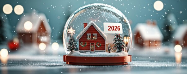 Snow globe red house winter Christmas 2026 festive holiday snow decoration cozy scene with glowing lights