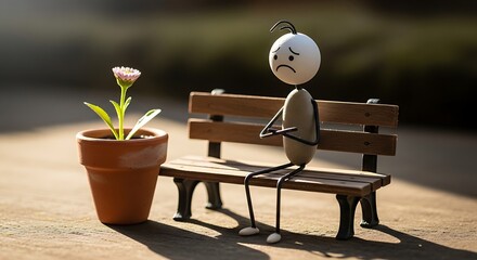 A small figure sitting on a bench beside a flower pot. 
