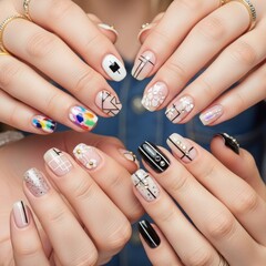 Two women showcasing a variety of creative and trendy nail art designs on their manicured hands.