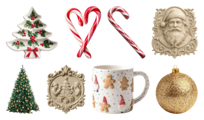 PNG Festive holiday decorations collection, element set on transparent background