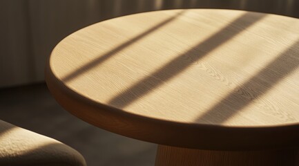 Close-up of a light-toned wooden round table, sunlit shadows