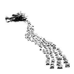 A dragon head formed from a stream of cars in black and white on a white background creating an illusion