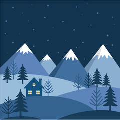 Cozy Winter Cabin in Snowy Mountain Landscape – Vector Illustration