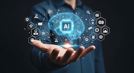 A Person's Hand Holding a Glowing Brain Icon with Artificial Intelligence Text and Hexagon Icons
