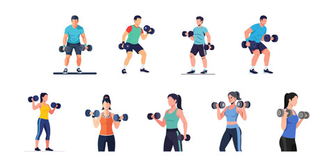 Fototapeta premium Vector illustration of men and women working out with dumbbells, fitness training and gym exercise concept.