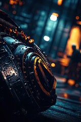 Close-up of a dark, steampunk-style vehicle.  Industrial, intricate machinery, blurred background with city lights