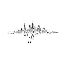 Obraz premium Cityscape silhouette with bridge and central waveform design in black and white minimalist style art