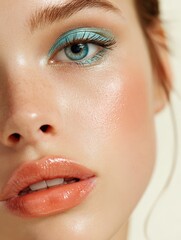 Naklejka premium Metallic Teal Eyeshadow and Glossy Nude Lips – High-Fashion Beauty Close-Up