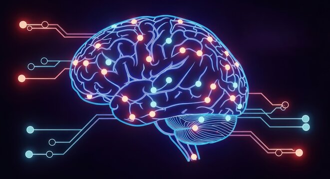 A digital rendering of a human brain, highlighting neural pathways with vibrant neon colors and circuit board elements, showcasing the complex relationship between biological and technological...
