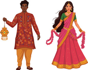 Man and woman in traditional Indian attire, Diwali celebration, cultural festival, holding lantern and flower garlands, flat vector illustration, CAD drawing style, festive ethnic scene
