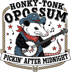 Honky-Tonk Opossum Illustration – Cartoon Possum Playing Banjo with Cowboy Hat, Stars, and Midnight Music Theme